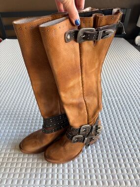 Freebird Cleo Brown Leather Knee-High Boots with Dark Brown Buckles